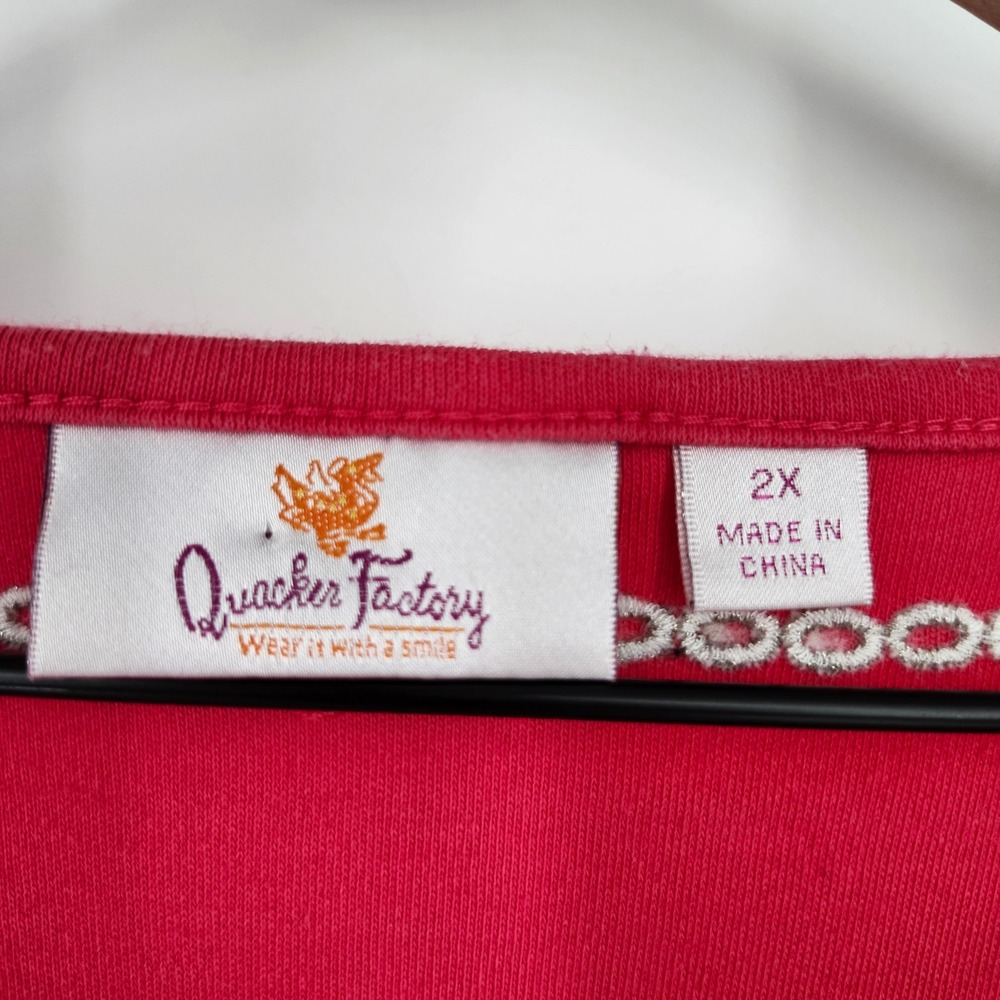 Quacker Factory Womens Bright Pink Rhinestone Beaded Top 2X Glam Festive Sparkle - Picture 3 of 10